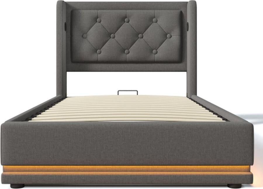 Gotagee Gestoffeerd bed 90x200cm eenpersoonsbed (zonder matras) grijs katoen hydraulisch opbergbed met USB Type-C oplaadfunctie en 3-zijdige LED-functie