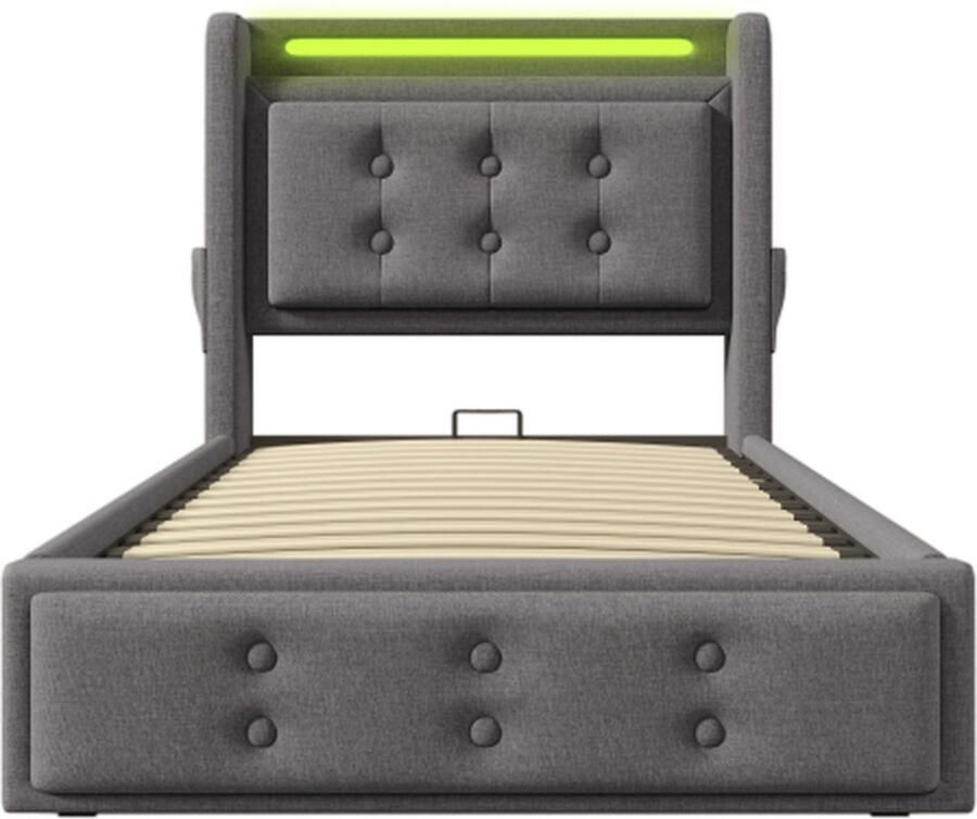Gotagee Gestoffeerd bed 90x200cm Eenpersoonsbed (zonder matras) katoen Hydraulisch bed Met LED en USB Type C Met houten lattenbodem en metalen frame