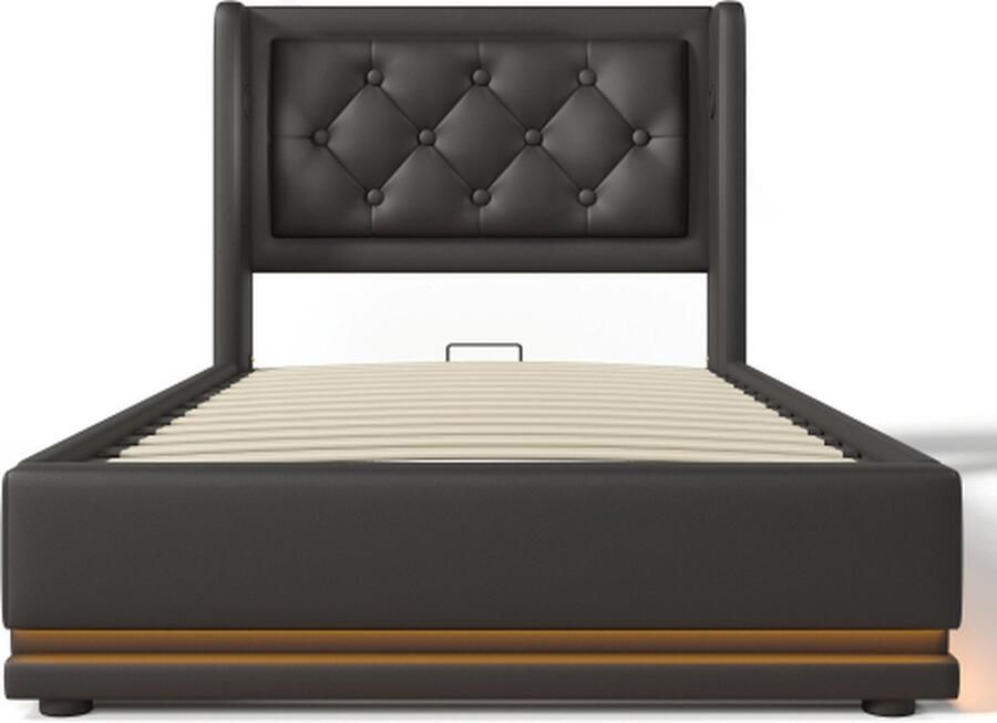 Gotagee Gestoffeerd bed 90x200cm eenpersoonsbed (zonder matras) zwart PU hydraulisch opbergbed met USB Type-C oplaadfunctie en 3-zijdige LED-functie