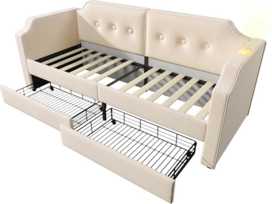 Gotagee Gestoffeerd bed 90x200cm kinderbed (zonder matras) fluweel beige jeugdbed slaapbank dagbed met USB type C leeslamp met opbergladen