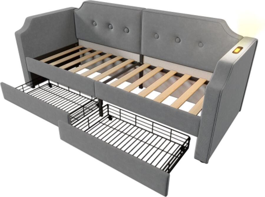 Gotagee Gestoffeerd bed 90x200cm kinderbed (zonder matras) fluweel grijs jeugdbed slaapbank dagbed met USB type C leeslamp met opbergladen