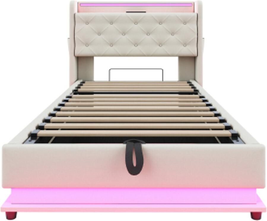 Gotagee Gestoffeerd bed 90x200cm met kleurveranderende verlichting en USB-aansluiting hoofdeinde kan worden geopend met hydraulische opbergruimte multifunctioneel eenpersoonsbed linnen stof beige