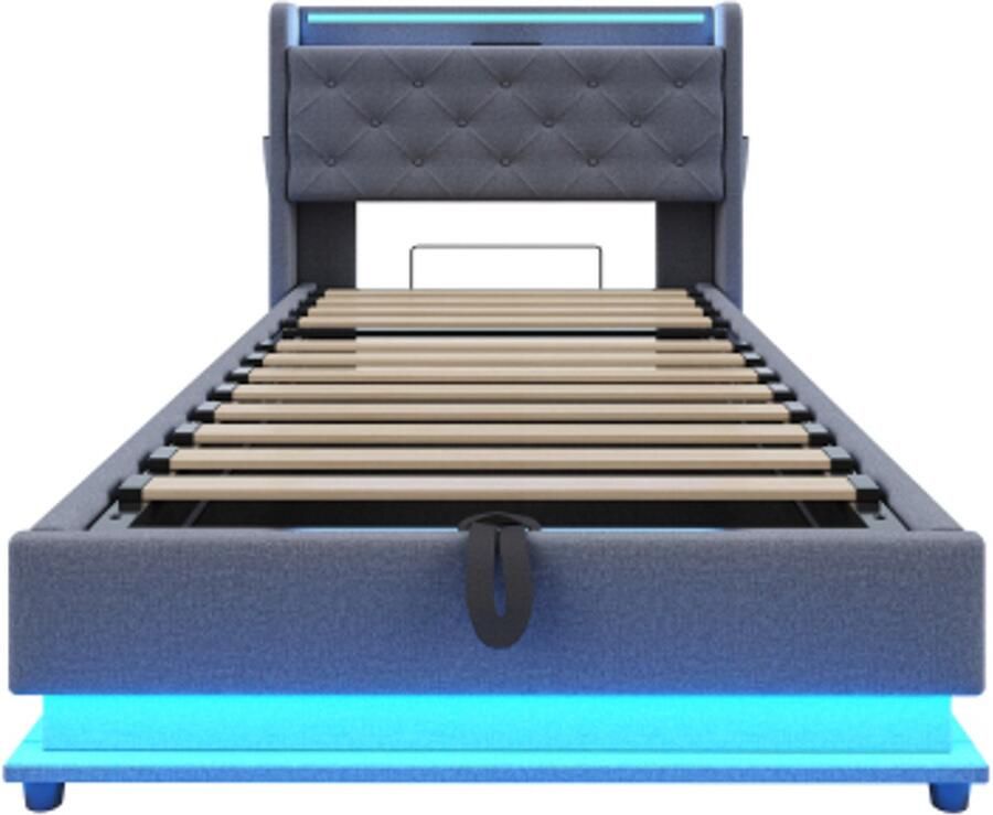 Gotagee Gestoffeerd bed 90x200cm met kleurveranderende verlichting en USB-aansluiting hoofdeinde kan worden geopend met hydraulische opbergruimte multifunctioneel eenpersoonsbed linnen stof grijs