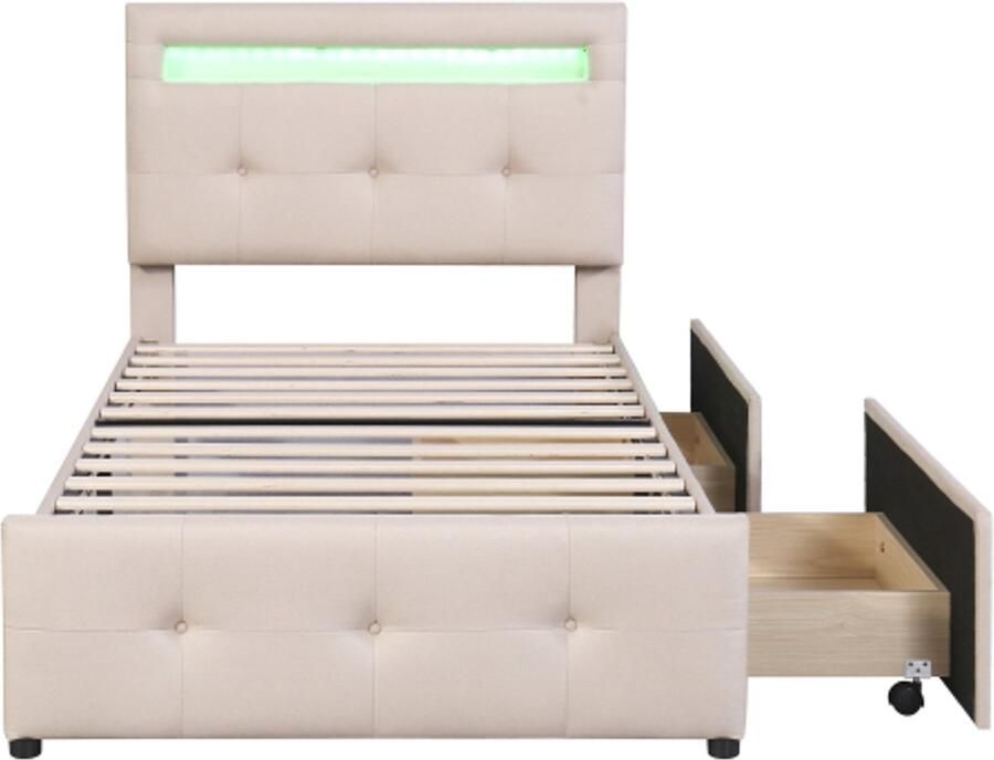Gotagee Gestoffeerd bed 90x200cm met LED-verlichting 2 lades linnen vlak eenpersoonsbed kinderbed jeugdbed logeerbed (beige)