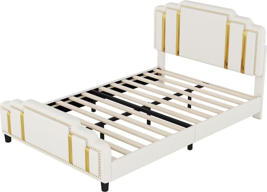 Gotagee Gestoffeerd bed Eenpersoonsbed Logeerbed Gouden strepen lichte luxe stijl Beige