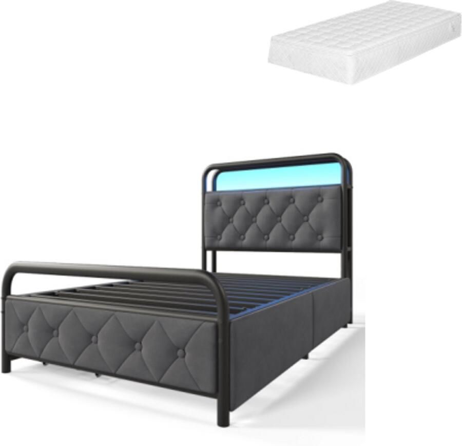 Gotagee Gestoffeerd bed eenpersoonsbed met oplaadfunctie USB Type C APP-Control LED bedframe metalen bed 90×200 bedframe en 2 laden fluweel (met matras)