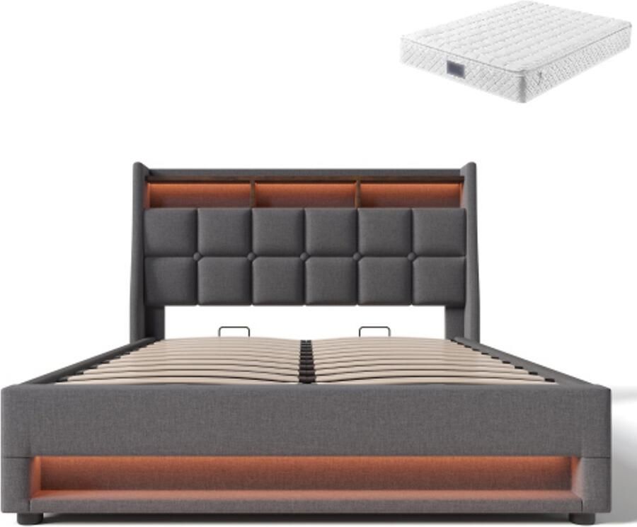 Gotagee Gestoffeerd bed Eenpersoonsbed Tweepersoonsbed Jeugdbed Volwassenenbed Opbergbest Multifunctioneel bed met USB 160x200cm Bed met opbergruimte Met hydraulische opbergruimte Bed met matras