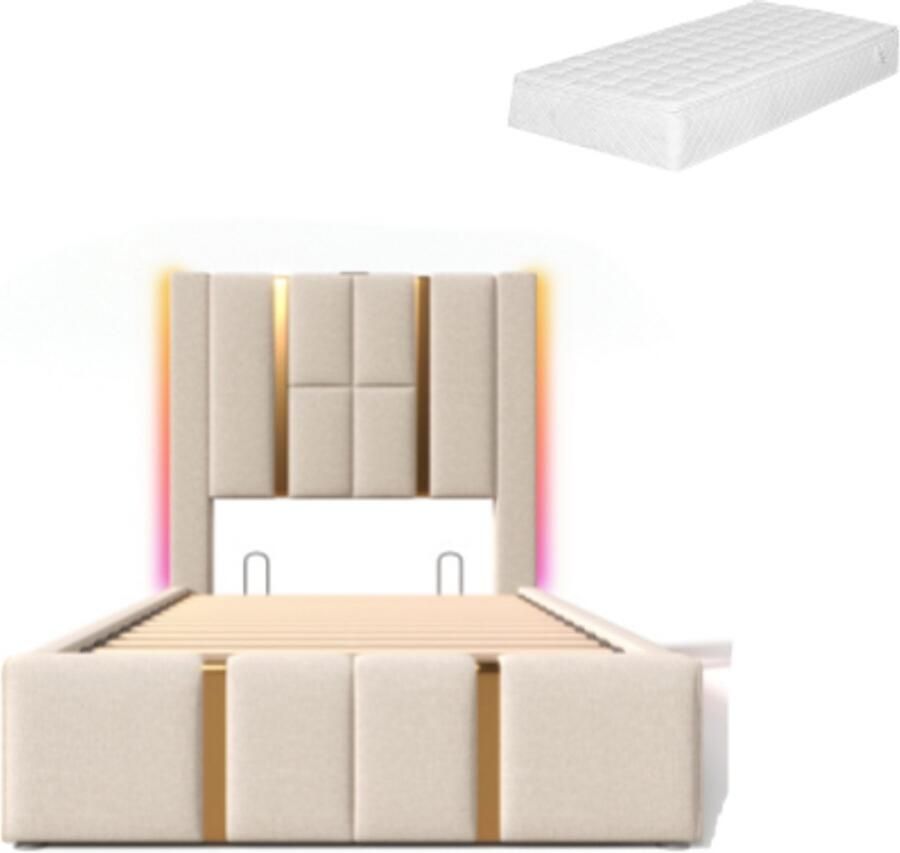 Gotagee Gestoffeerd bed eenpersoonsbed USB Type C oplaadfunctie APP-bediening LED 90×200 opbergbedden bedframe houten lattenbodem beige linnen materiaal (met matras)