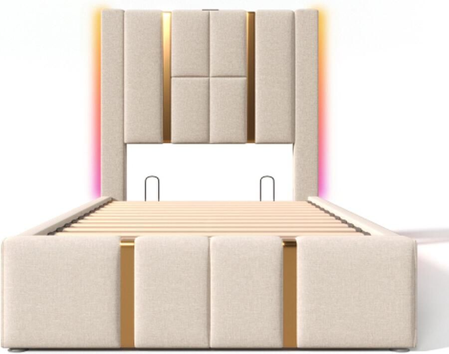 Gotagee Gestoffeerd bed eenpersoonsbed USB Type C oplaadfunctie APP-bediening LED 90×200 opbergbedden bedframe houten lattenbodem beige linnen materiaal (zonder matras)