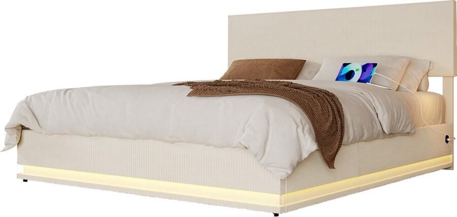 Gotagee Gestoffeerd bed fluwelen bedframe eenpersoonsbed tweepersoonsbed Met hydraulische opbergruimte USB LED bed zonder matras Eenvoudig bed voor de slaapkamer