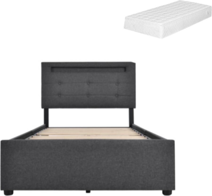 Gotagee Gestoffeerd bed Grijs 90x200cm (met matras) met LED en lades in hoogte verstelbaar hoofdeinde opbergbed huisbed