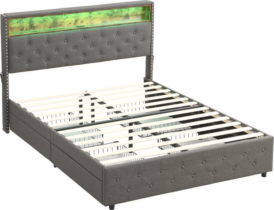 Gotagee Gestoffeerd bed Jeugdbed LED 140x200cm met USB-laden Tweepersoonsbed laag bed