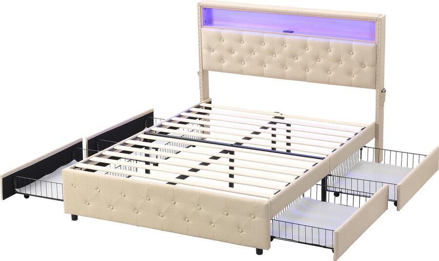 Gotagee Gestoffeerd bed Jeugdbed LED 160x200cm met USB-laden Tweepersoonsbed laag bed