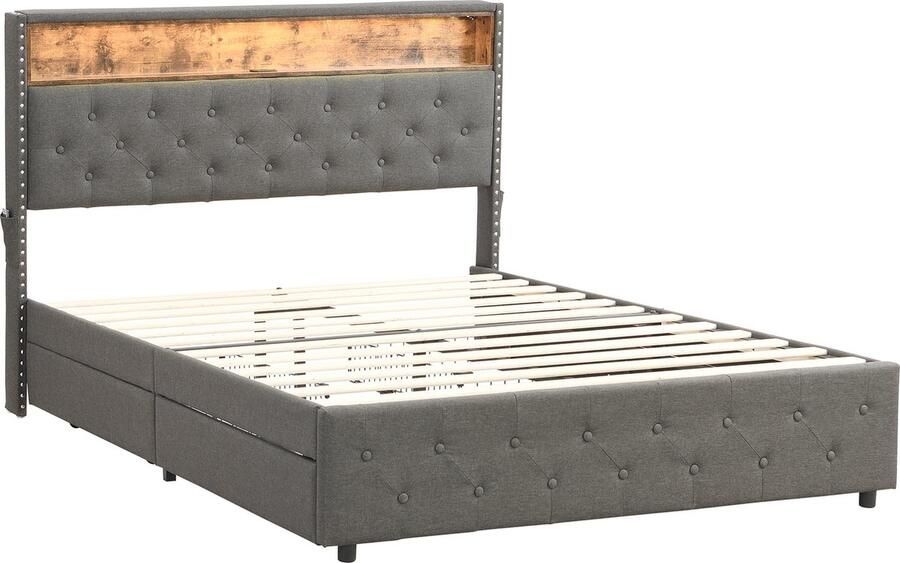 Gotagee Gestoffeerd bed Jeugdbed LED 160x200cm met USB-laden Tweepersoonsbed laag bed