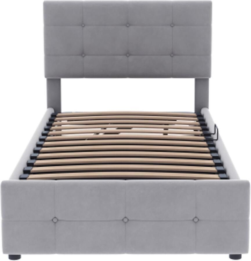 Gotagee Gestoffeerd bed kinderbed 90x200 cm hydraulisch opbergbed in hoogte verstelbaar hoofdeinde eenpersoons hoog bedstee fluwelen stof grijs