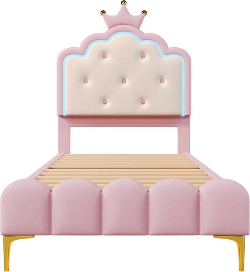 Gotagee Gestoffeerd bed Kinderbed Eenpersoonsbed Bed op de grond Logeerbed Slaapkamerbed Bed met LED-verlichting Bed zonder matras 90x200cm