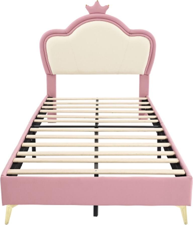 Gotagee Gestoffeerd bed kinderbed hoofdbord met kroon metalen bedpoten gestoffeerd hoofdbordprofiel eenpersoonsbed PU roze+wit 90x200cm
