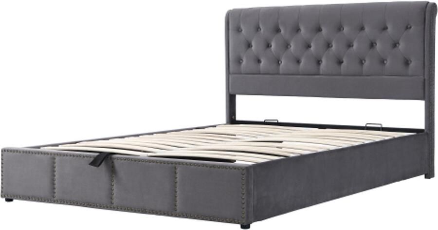 Gotagee Gestoffeerd bed met hydraulische hendel functioneel bed met opbergruimte klinknageldecoratie 140 x 190 cm zonder matras fluweel grijs