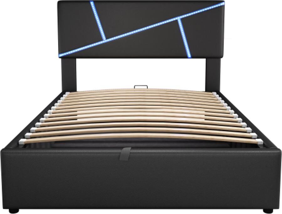 Gotagee Gestoffeerd bed met LED-lichtstrips 90x200 cm tweepersoonsbed met lattenbodem rugleuning hydraulisch functioneel bed kunstleer zwart