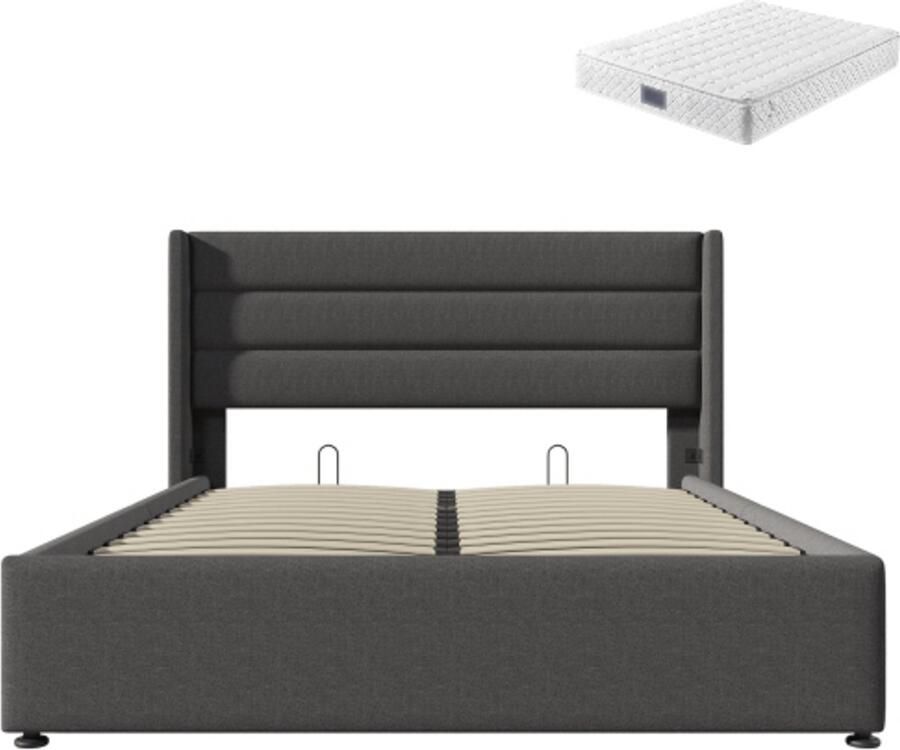 Gotagee Gestoffeerd bed met matras 140x200cm grijs Groot gestoffeerd tweepersoonsbed met hydraulische opbergruimte