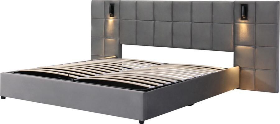 GOTAGEE Gestoffeerd bed 160x200cm opbergbed met USB functioneel bed tweepersoonsbed met lamp laag bed - Foto 2