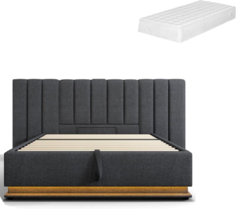 Gotagee Gestoffeerd bed opbergbed multifunctioneel bed tweepersoonsbed laag bed slaapkamerbed logeerbed bed voor volwassenen bed voor jongeren met LED-verlichting en USB-C oplaadpoort Bed met opbergruimte 160x200cm Bed met matras Linnen stof