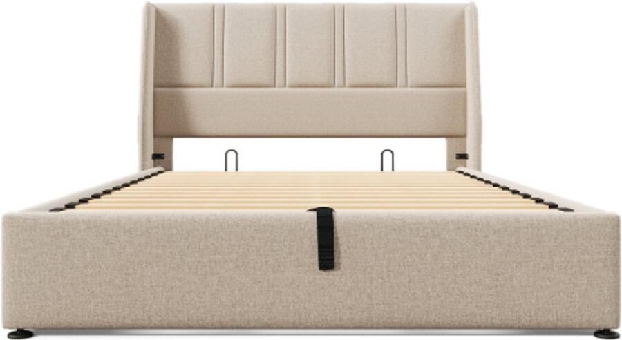 Gotagee Gestoffeerd bed opbergbed USB Type-C oplaadpoorten zijvak hydraulisch tweepersoonsbed 140x200cm houten lattenbodem bed met lattenbodem van metalen frame linnen beige (zonder matras)