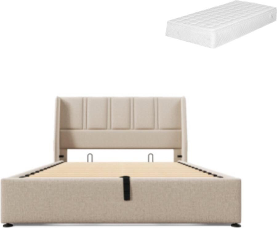 Gotagee Gestoffeerd bed opbergbed USB Type-C oplaadpoorten zijvak hydraulisch tweepersoonsbed 140x200cm houten lattenbodem bed met lattenbodem van metalen frame linnen beige (met matras)