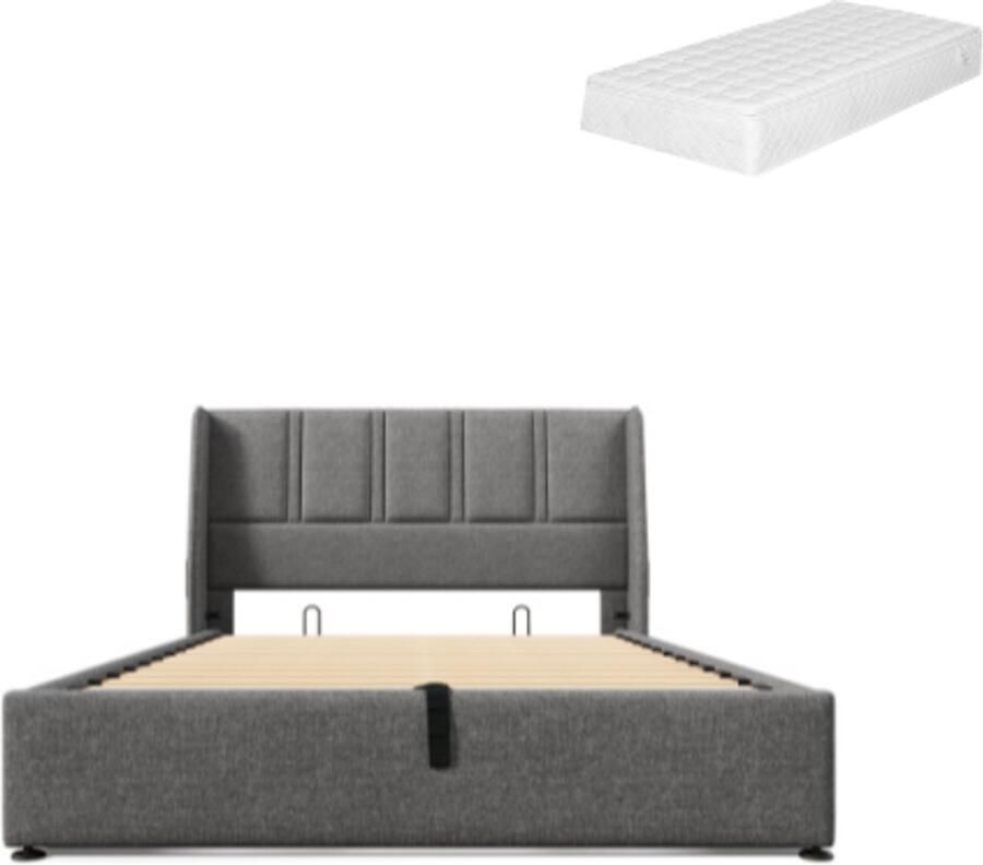 Gotagee Gestoffeerd bed opbergbed USB Type-C oplaadpoorten zijvak hydraulisch tweepersoonsbed 160x200cm houten lattenbodem bed met lattenbodem van metalen frame linnen grijs (met matras)