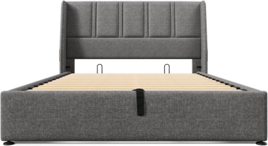 Gotagee Gestoffeerd bed opbergbed USB Type-C oplaadpoorten zijvak hydraulisch tweepersoonsbed 140x200cm houten lattenbodem bed met lattenbodem van metalen frame linnen grijs (zonder matras)