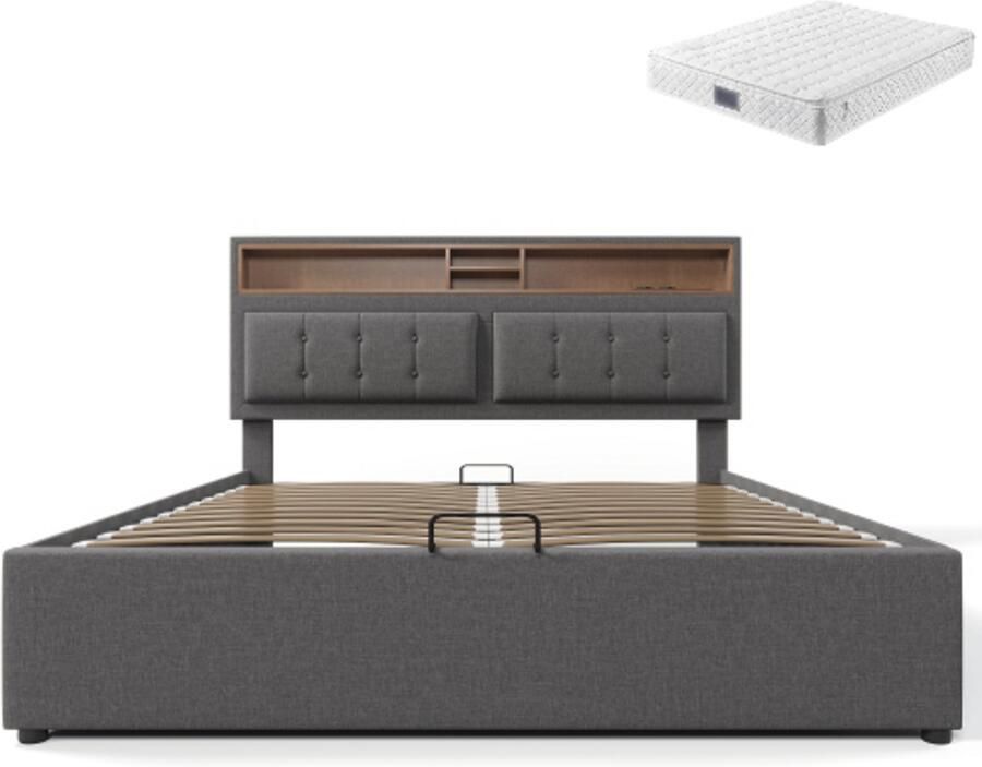 GOTAGEE Gestoffeerd bed tweepersoonsbed eenpersoonsbed jeugdbed multifunctioneel bed opbergruimte 140x200 cm met USB Bed met opbergruimte Met hydraulische opbergruimte Bed met matras