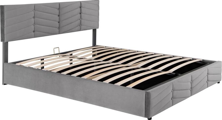 Gotagee Gestoffeerd bed tweepersoonsbed hydraulisch functioneel bed fluwelen strepenstijl 160 x 200 cm
