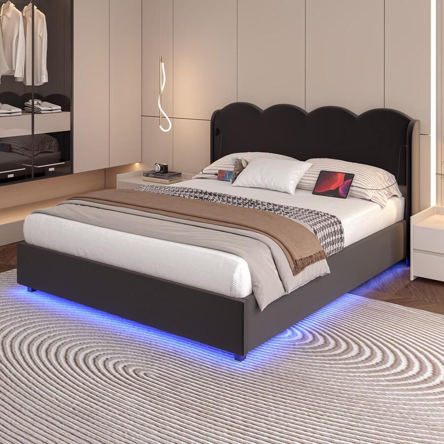 Gotagee Gestoffeerd bed tweepersoonsbed jeugdbed logeerbed opbergbed met LED-verlichting en USB Bed zonder matras Met hydraulische opbergruimte