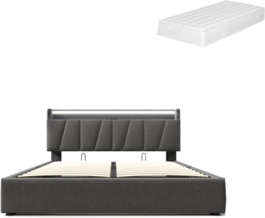 Gotagee Gestoffeerd bed Tweepersoonsbed Jeugdbed Opbergbest Multifunctioneel bed Grijs 160x200cm Bed met opbergruimte Eenvoudig bed voor de slaapkamer Met hydraulische opbergruimte Bed met matras
