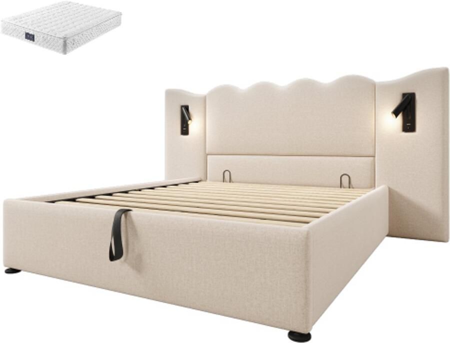 Gestoffeerd bed tweepersoonsbed opbergbed laag bed multifunctioneel bed slaapkamerbed logeerbed bed voor volwassenen bed voor jongeren kinderbed Corduroystof met verlichting en USB+Type-C oplaadpoort Bed met opbergruimte Bed met matras 160x200cm
