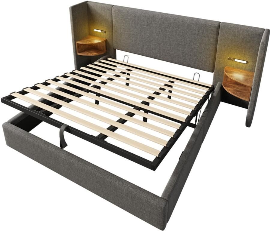 Gotagee Gestoffeerd bed tweepersoonsbed opbergbed multifunctioneel bed zonder hoofdboard slaapkamerbed logeerbed hoofdbord met twee opbergplanken linnen stof Bed met opbergruimte Bed zonder matras 180x200cm