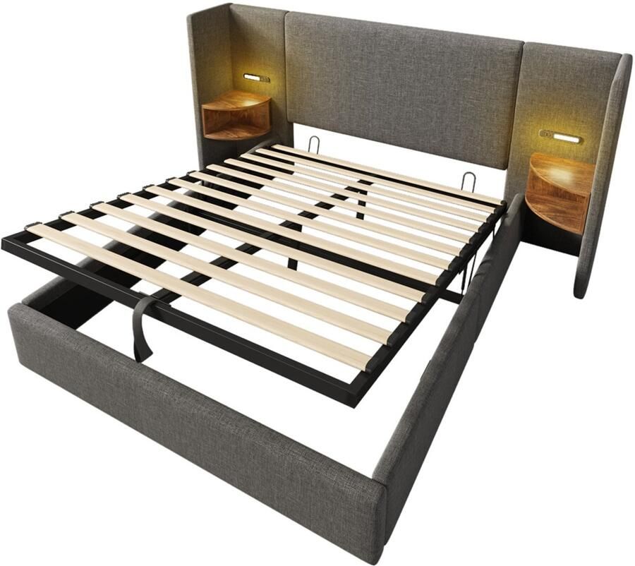 Gotagee Gestoffeerd bed tweepersoonsbed opbergbed multifunctioneel bed zonder hoofdboard slaapkamerbed logeerbed hoofdbord met twee opbergplanken linnen stof Bed met opbergruimte Bed zonder matras 160x200cm