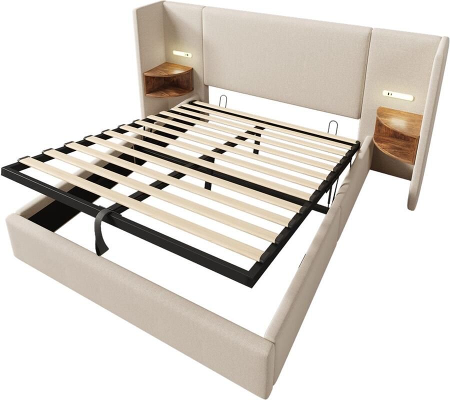 Gotagee Gestoffeerd bed tweepersoonsbed opbergbed multifunctioneel bed zonder hoofdboard slaapkamerbed logeerbed hoofdbord met twee opbergplanken linnen stof Bed met opbergruimte Bed zonder matras 160x200cm
