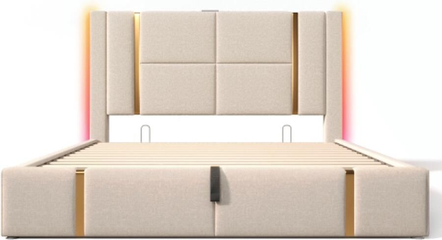 Gotagee Gestoffeerd bed tweepersoonsbed USB Type C oplaadfunctie APP-bediening LED 160×200 opbergbedden bedframe houten lattenbodem beige linnen materiaal (zonder matras)