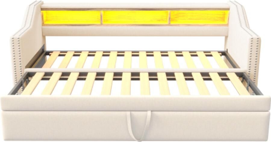 Gotagee Gestoffeerd bed uitschuifbare slaapbank 90 180 x 190 cm opbergvak LED-verlichting en USB-aansluiting met lattenbodem beige
