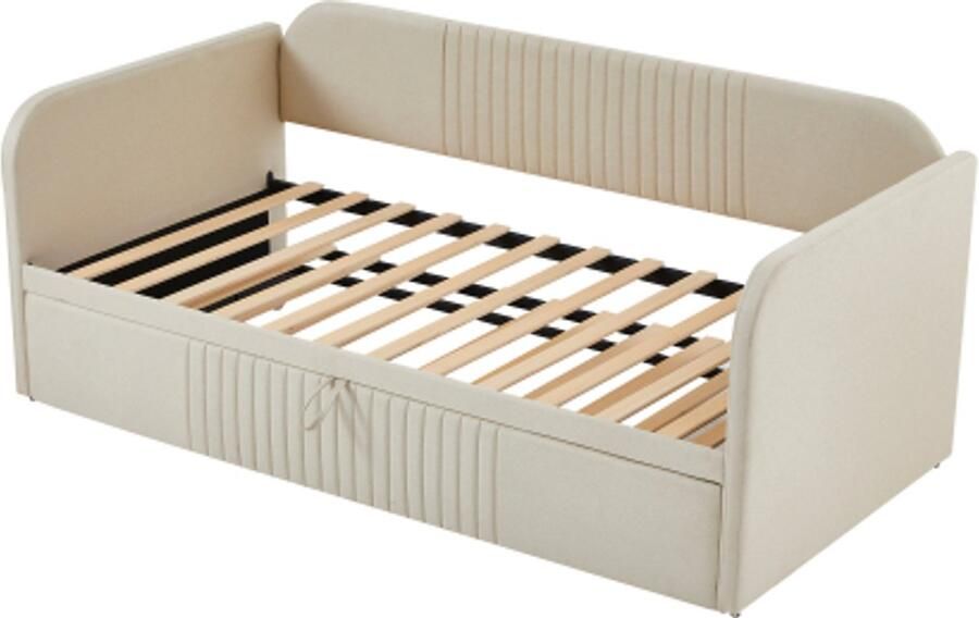 Gotagee Gestoffeerd bed uitschuifbare slaapbank 90 180x190 cm met verticale strepen met lattenbodem multifunctioneel bed linnen stof beige