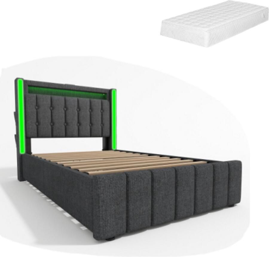 Gotagee Gestoffeerd bed USB Type C oplaadfunctie LED verlichting en 2 lades jeugdbedden 90x200cm eenpersoonsbed opbergbedden bedframe houten lattenbodem grijs (met matras)