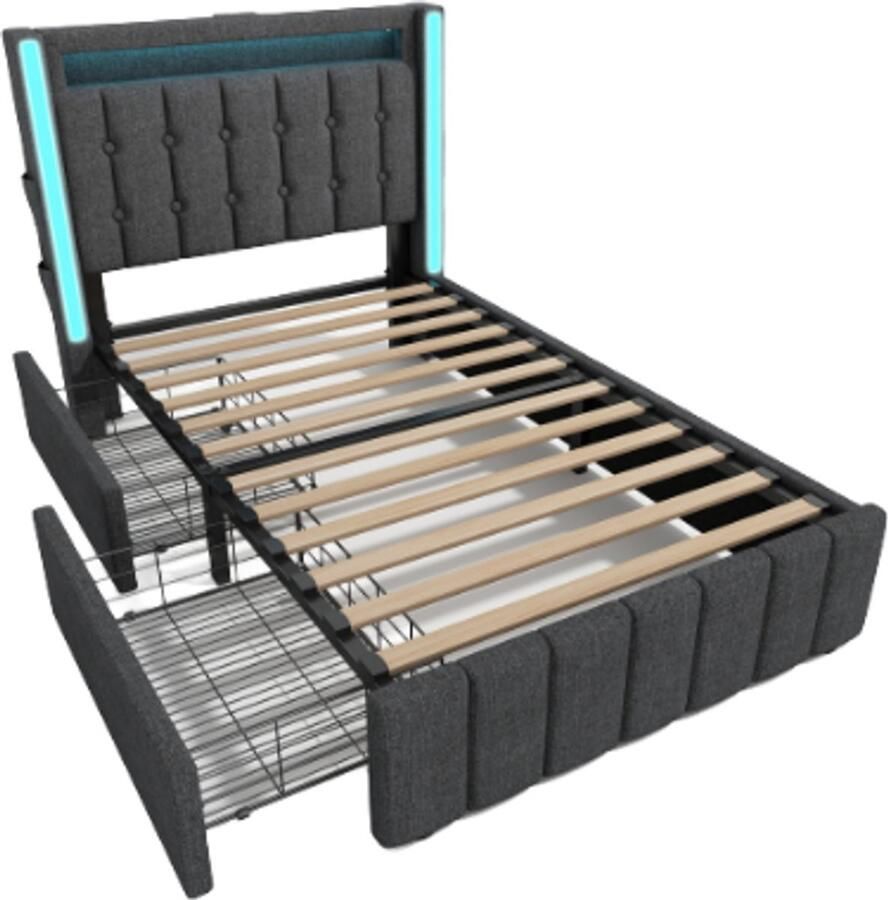 Gotagee Gestoffeerd bed USB Type C oplaadfunctie LED verlichting en 2 lades jeugdbedden 90x200cm eenpersoonsbed opbergbedden bedframe houten lattenbodem grijs (zonder matras)