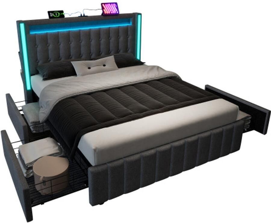 Gotagee Gestoffeerd bed USB Type C oplaadfunctie LED verlichting en 4 lades jeugdbedden 140x200cm tweepersoonsbed opbergbedden bedframe houten lattenbodem grijs (zonder matras)