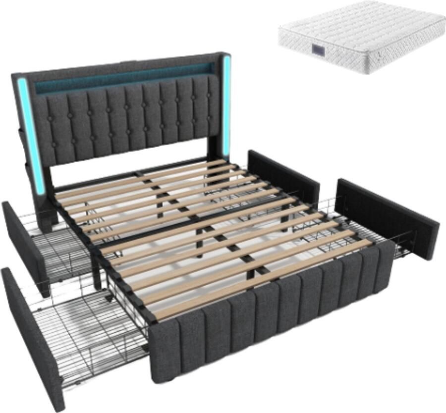 Gotagee Gestoffeerd bed USB Type C oplaadfunctie LED verlichting en 4 lades jeugdbedden 160x200cm tweepersoonsbed opbergbedden bedframe houten lattenbodem grijs (met matras)