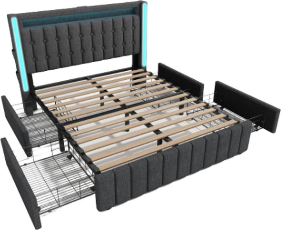 Gotagee Gestoffeerd bed USB Type C oplaadfunctie LED verlichting en 4 lades jeugdbedden 160x200cm tweepersoonsbed opbergbedden bedframe houten lattenbodem grijs (zonder matras)