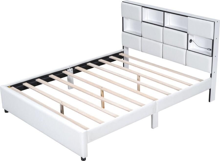 Gotagee Gestoffeerd bed vlak bed LED tweepersoonsbed functioneel bed jeugdbed met opbergruimte beige