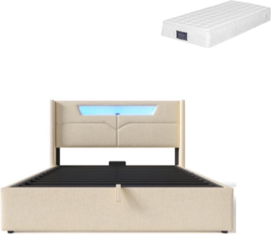 Gotagee Gestoffeerd bed vlak bed opbergbed multifunctioneel bed eenpersoonsbed tweepersoonsbed met LED en oplaadfunctie Eenvoudig bed voor de slaapkamer Met hydraulische opbergruimte Bed met opbergruimte Bed met matras