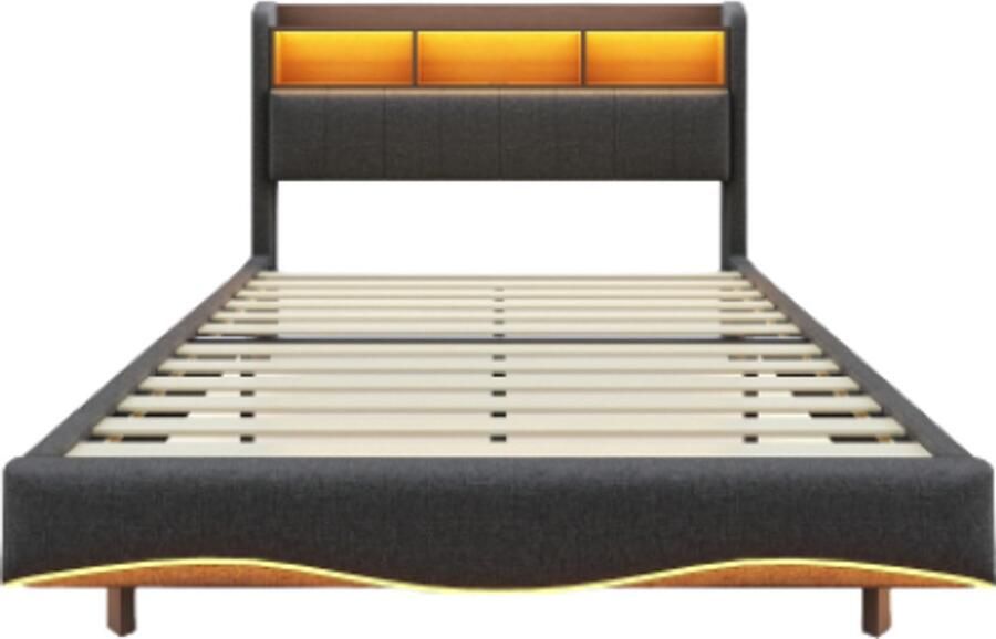 Gotagee Gestoffeerd bed vlak bed tweepersoonsbed eenpersoonsbed slaapkamerbed logeerbed verborgen bedpoten hoofdbord met opbergruimte en oplaadpoort Bed zonder matras 160x200cm