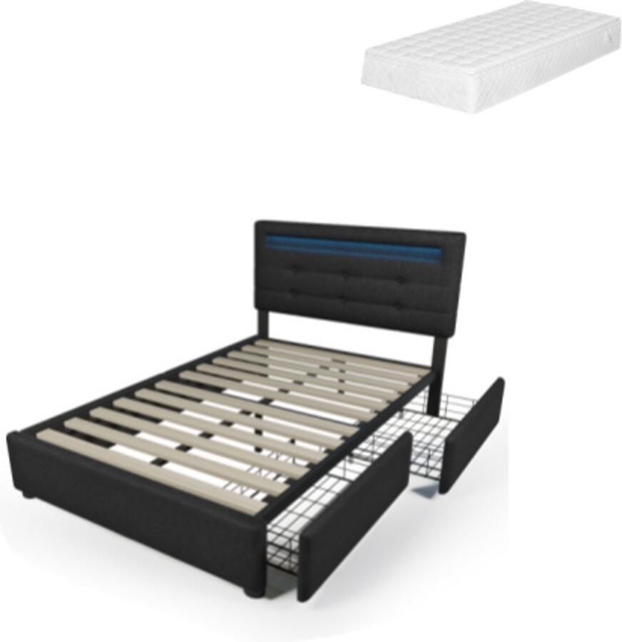 Gotagee Gestoffeerd bed zwart 90x200cm (met matras) met LED en lades in hoogte verstelbaar hoofdeinde opbergbed huisbed